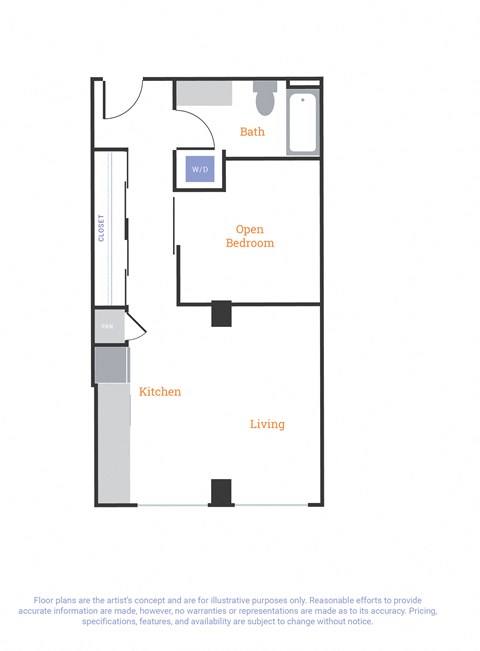 Floor plan for 1 bed, 1 bath, 568 sqft